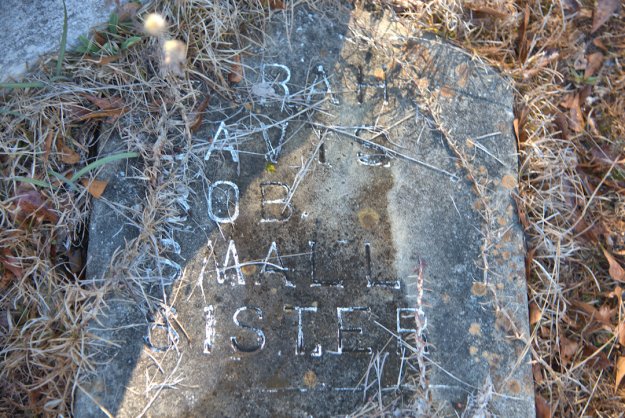 Close-up of an old gravestone partially covered with grass, displaying the engraved name 'Sarah Davis', with the words 'Bob Small Sister' visible.