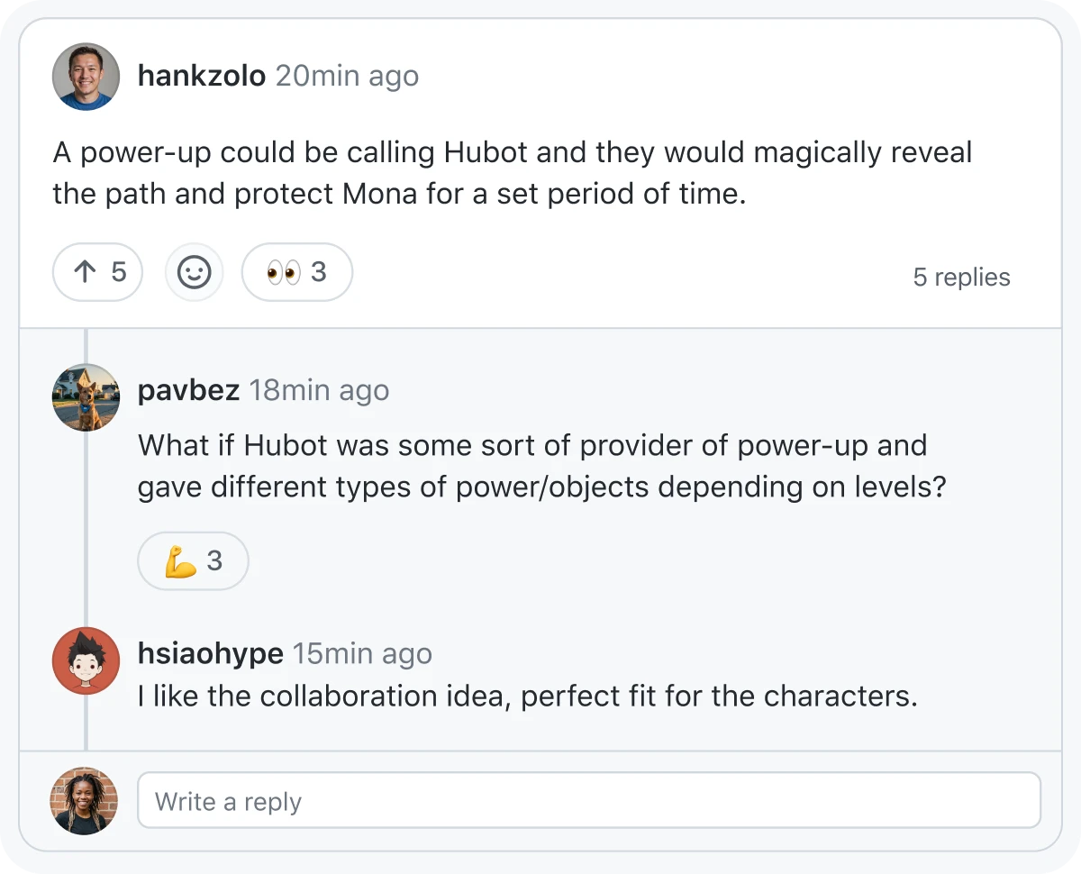 The image is a screenshot of a conversation thread on a social media platform. The first comment is from "hankzolo" 20 minutes ago, suggesting that a power-up could call Hubot to reveal the path and protect Mona for a set period of time. This comment has received 5 likes and 5 replies. The second comment is from "pavbez" 18 minutes ago, proposing that Hubot could provide different types of power-ups or objects depending on levels. The third comment is from "hsiaohype" 15 minutes ago, expressing appreciation for the collaboration idea and stating it is perfect for the characters.

