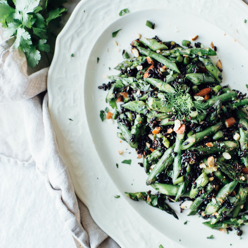 cilantro black rice with garlic scapes + asparagus