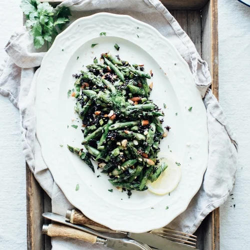 cilantro black rice w/ roasted garlic scapes &amp; asparagus