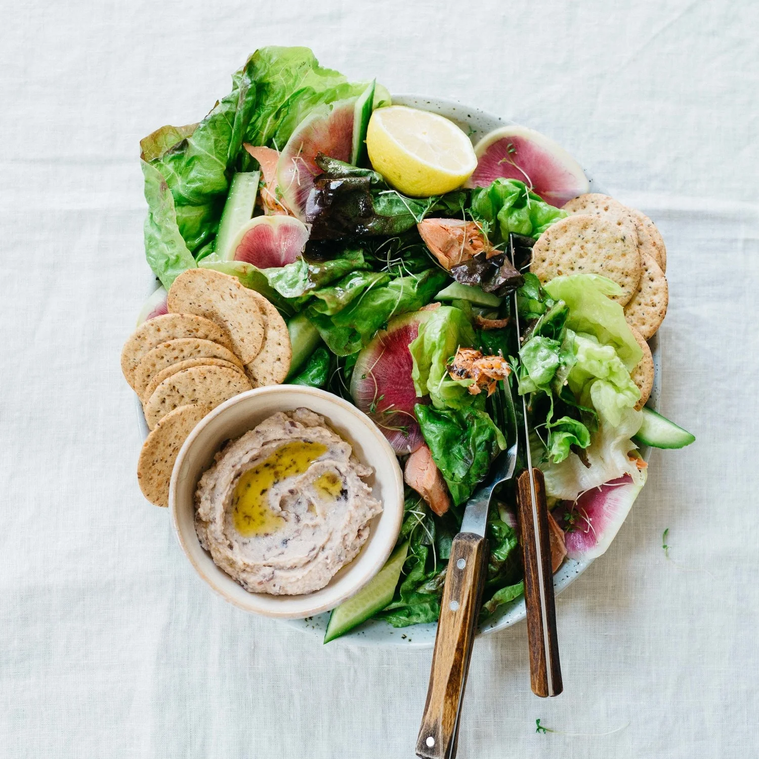 pulled salmon salad w/ cauliflower-kalamata dip