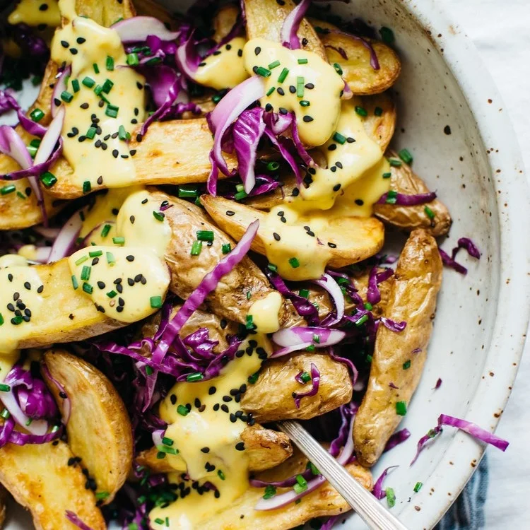 warm fingerling potatoes w/ garlic -turmeric sauce