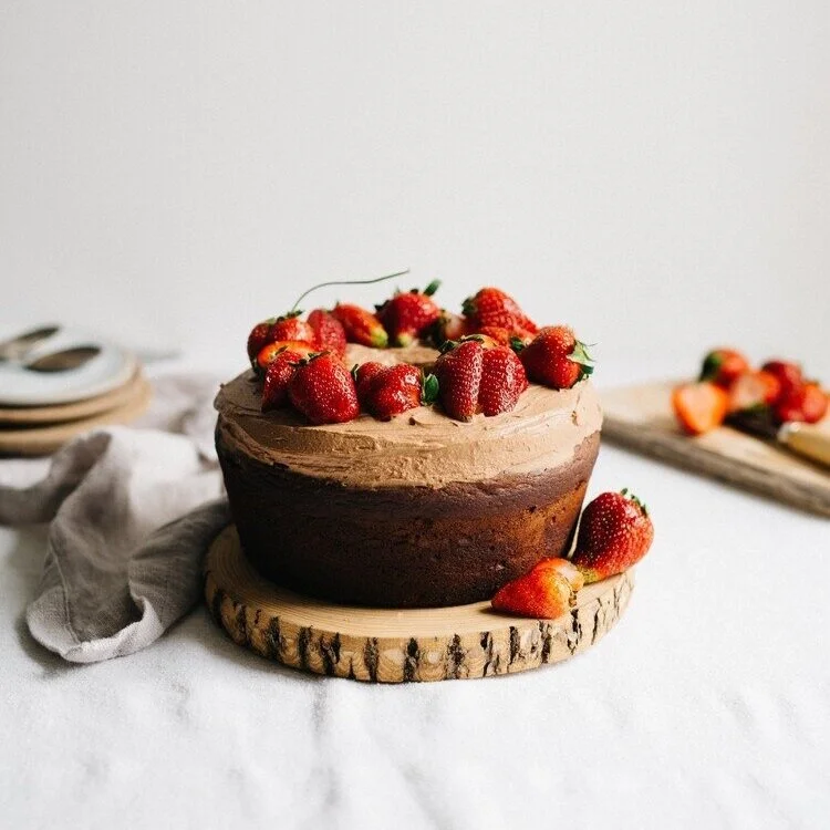 strawberry rhubarb chocolate cake w/ coco whip