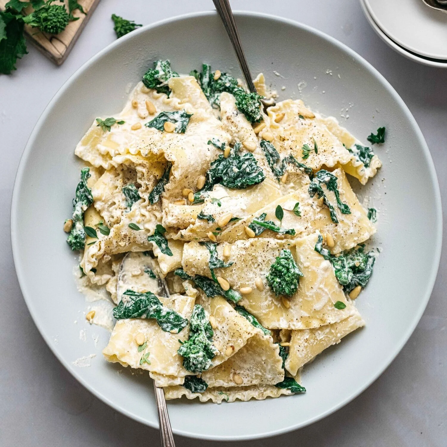 broken lasagna w/ vegan white pesto &amp; broccoli rabe