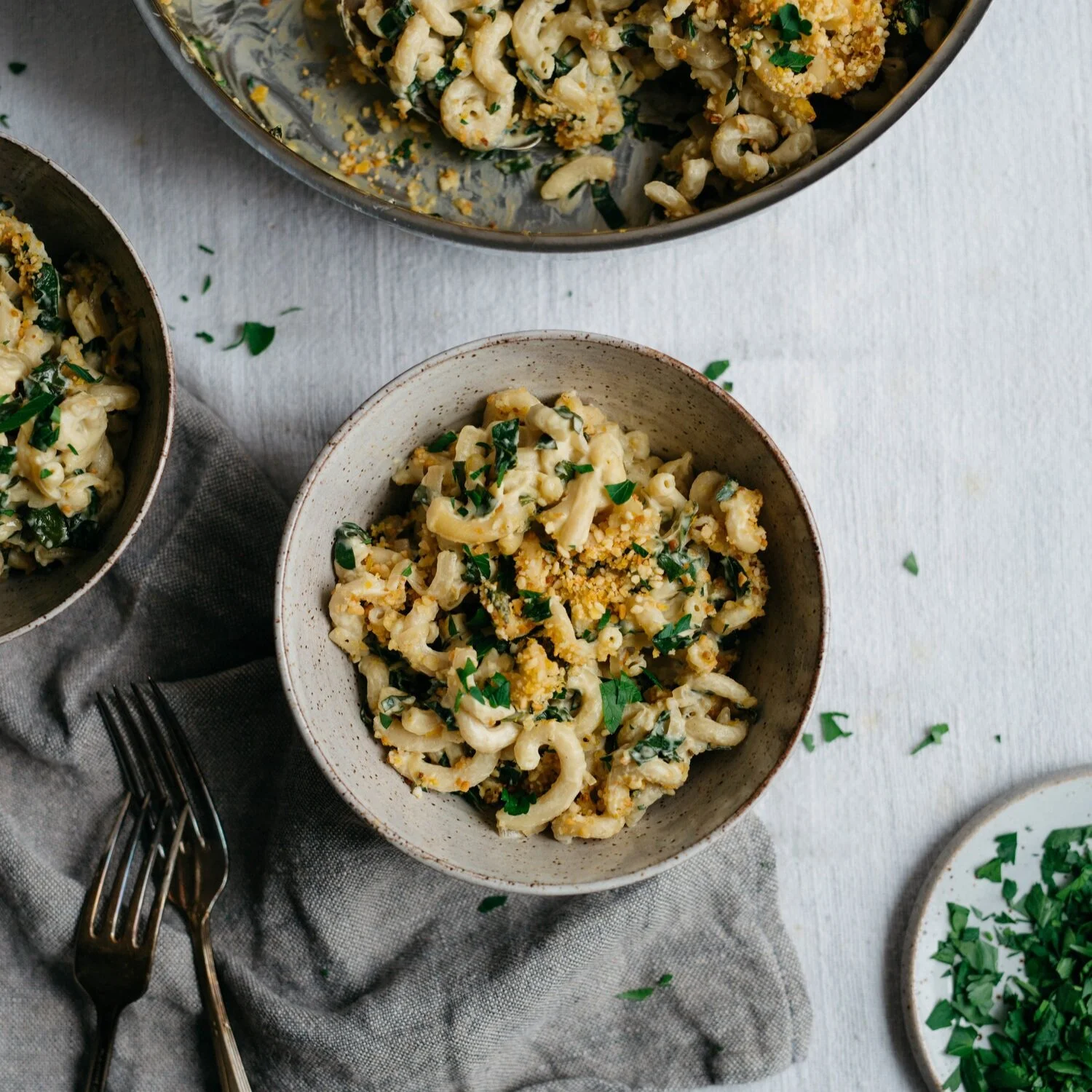 crusty baked vegan alfredo w/ caramelized shallots &amp; kale
