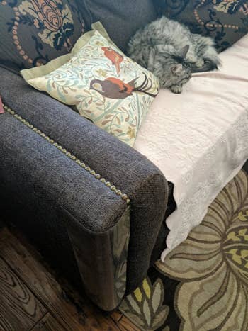 Reviewer photo of the clear protector blending into a couch leg