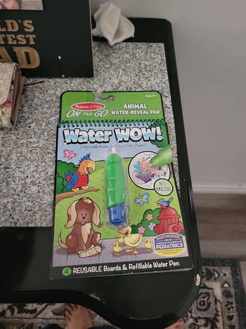 Melissa & Doug On the Go Water Wow! Animal water-reveal pad with a green refillable water pen shown on a countertop