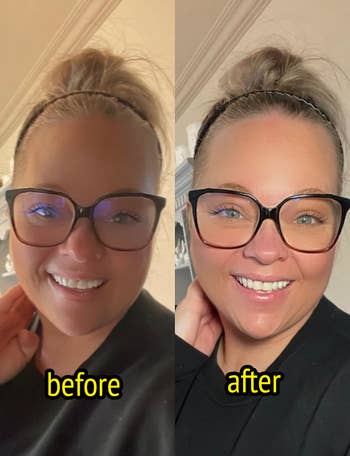 A before/after reviewer selfie showing the improved lighting using the light