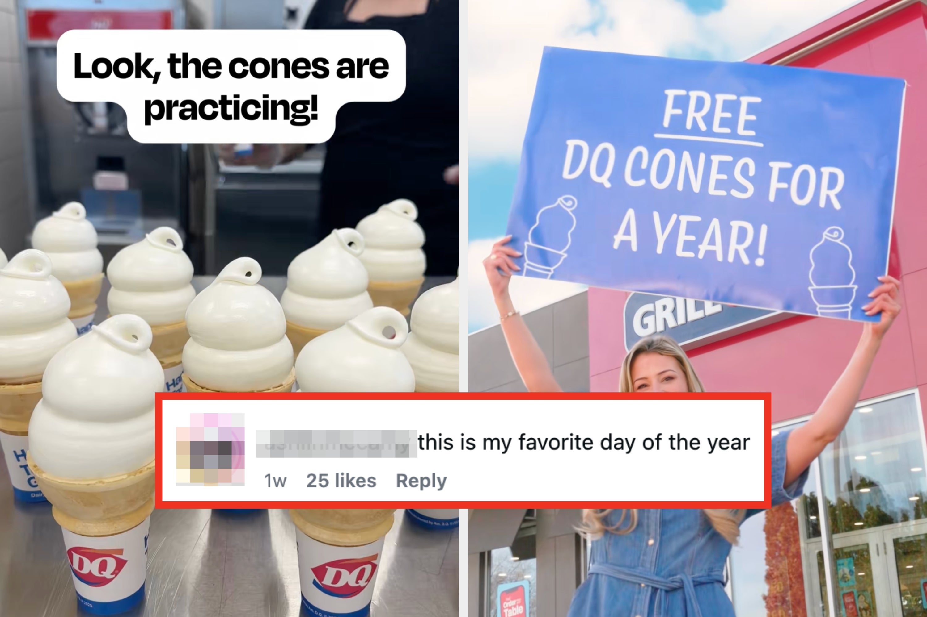 Several soft-serve ice cream cones on a counter with text above saying, "Look, the cones are practicing!"