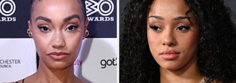 Two individuals at separate events: Left, a person in a sheer black top on a red carpet; right, another person in a black outfit with curly hair