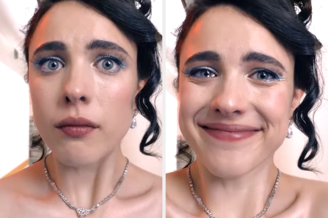 Person with blue eye makeup looks serious in one photo and smiles in the next, wearing elegant jewelry and an off-shoulder top