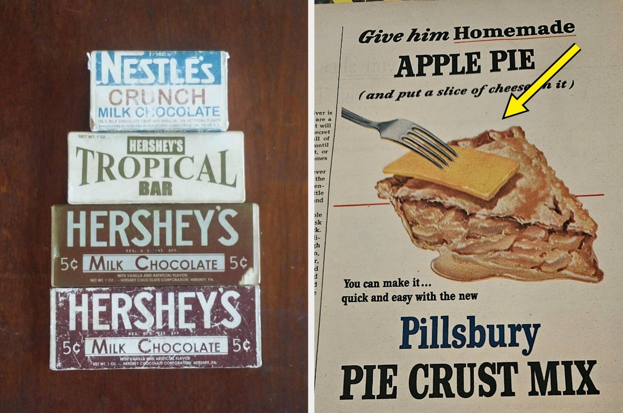 Vintage packaging for Nestlé Crunch, Hershey's Tropical Bar, and Pillsbury pie crust ad suggesting cheese with apple pie