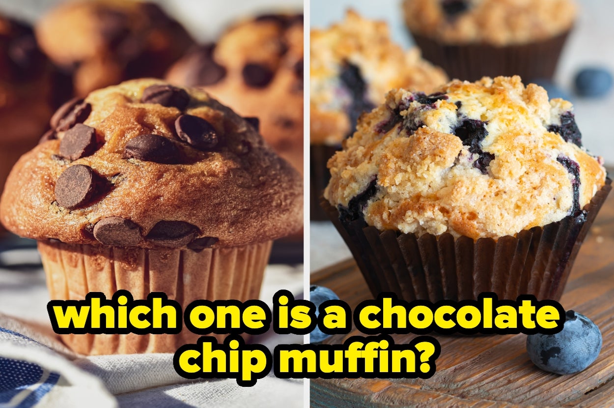 Two muffins: left with chocolate chips, right with blueberries. Text asks which is a chocolate chip muffin