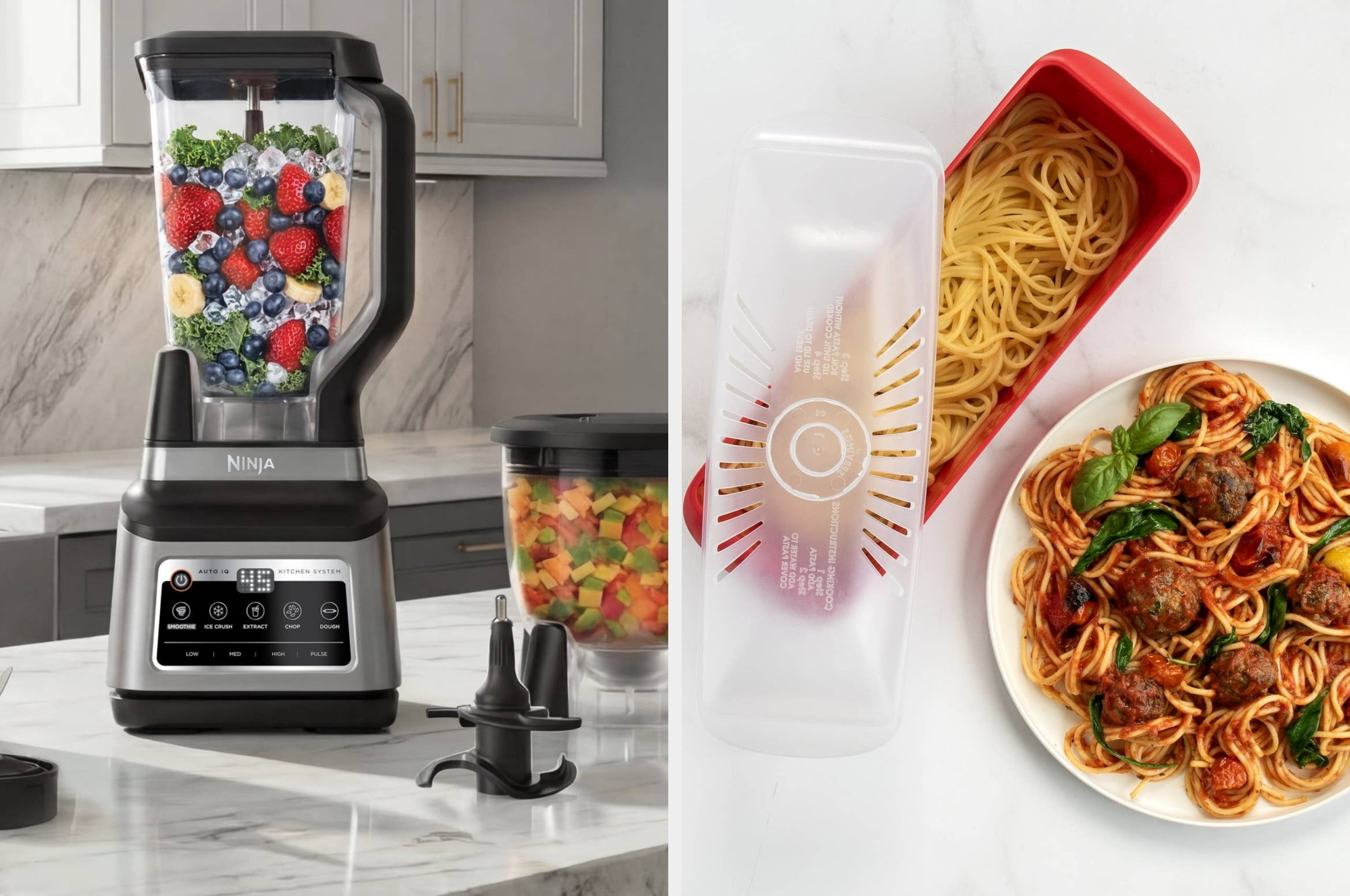 Blender with fruit smoothie and chopped vegetables, next to containers holding spaghetti with sauce, featured in a shopping article about kitchen gadgets