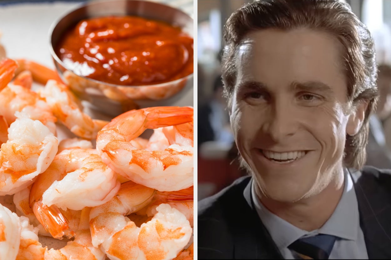 Plate of shrimp with cocktail sauce next to a smiling man in a suit