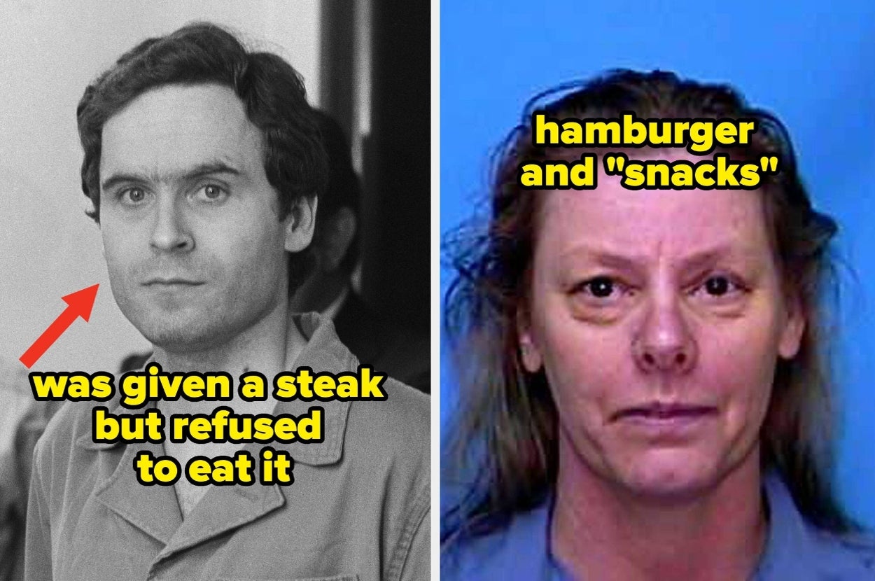 Two mugshots side by side. Left: Man refused to eat a steak. Right: Woman had a hamburger and snacks