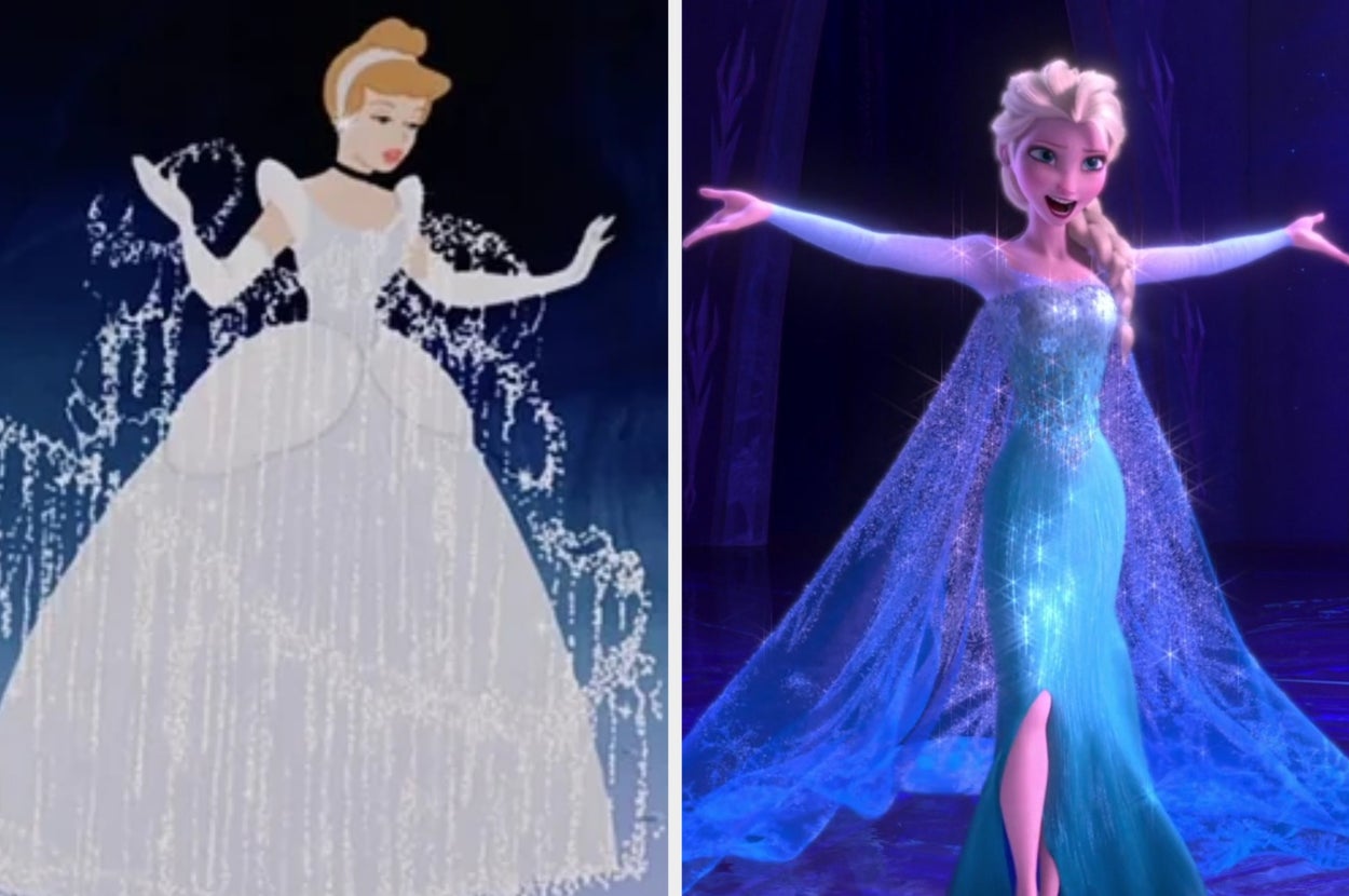 Two animated princesses; Cinderella in a ball gown, and Elsa in a shimmering ice dress, both standing with graceful arms outstretched