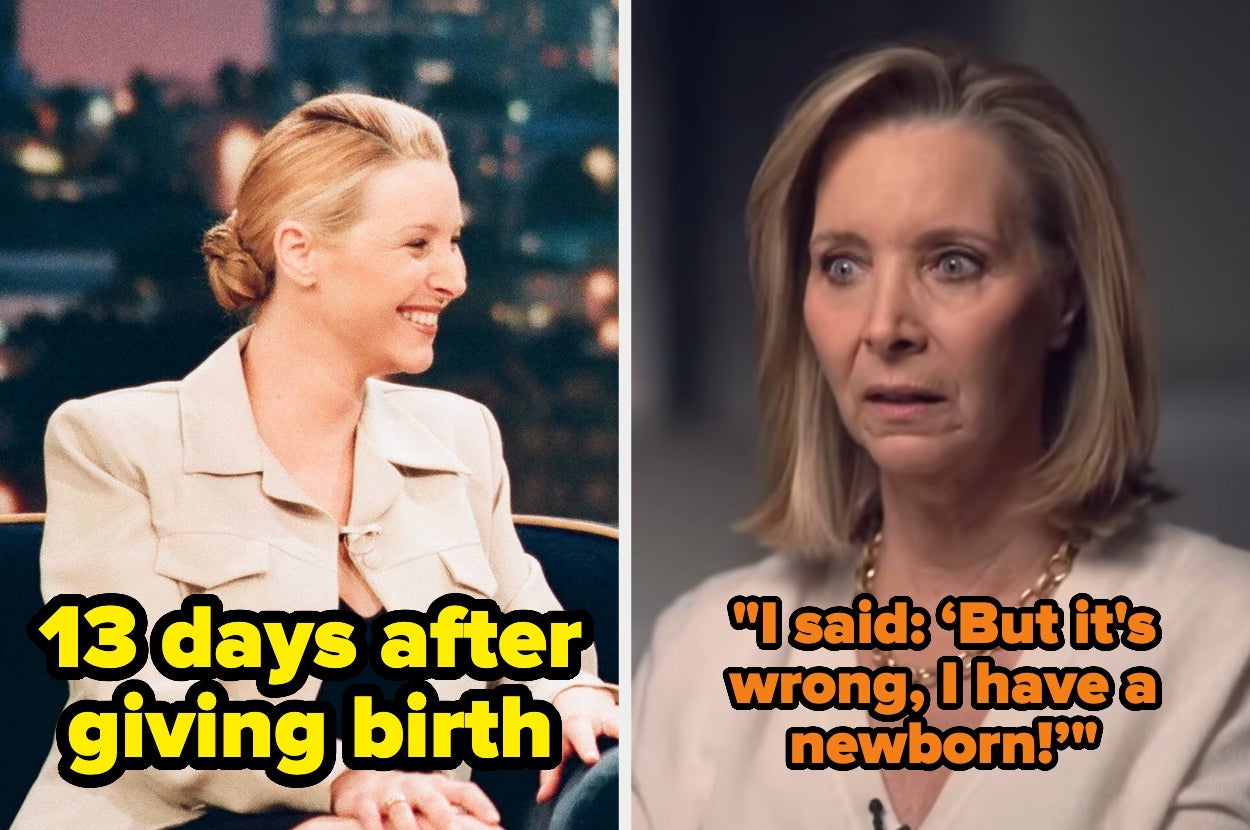 Split image of a woman on a talk show 13 days post-birth and a worried expression quote about having a newborn