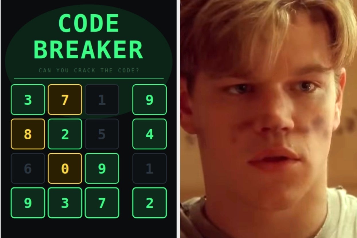 Left: Code Breaker game with grid numbers. Right: Person with an intent expression, dusty face