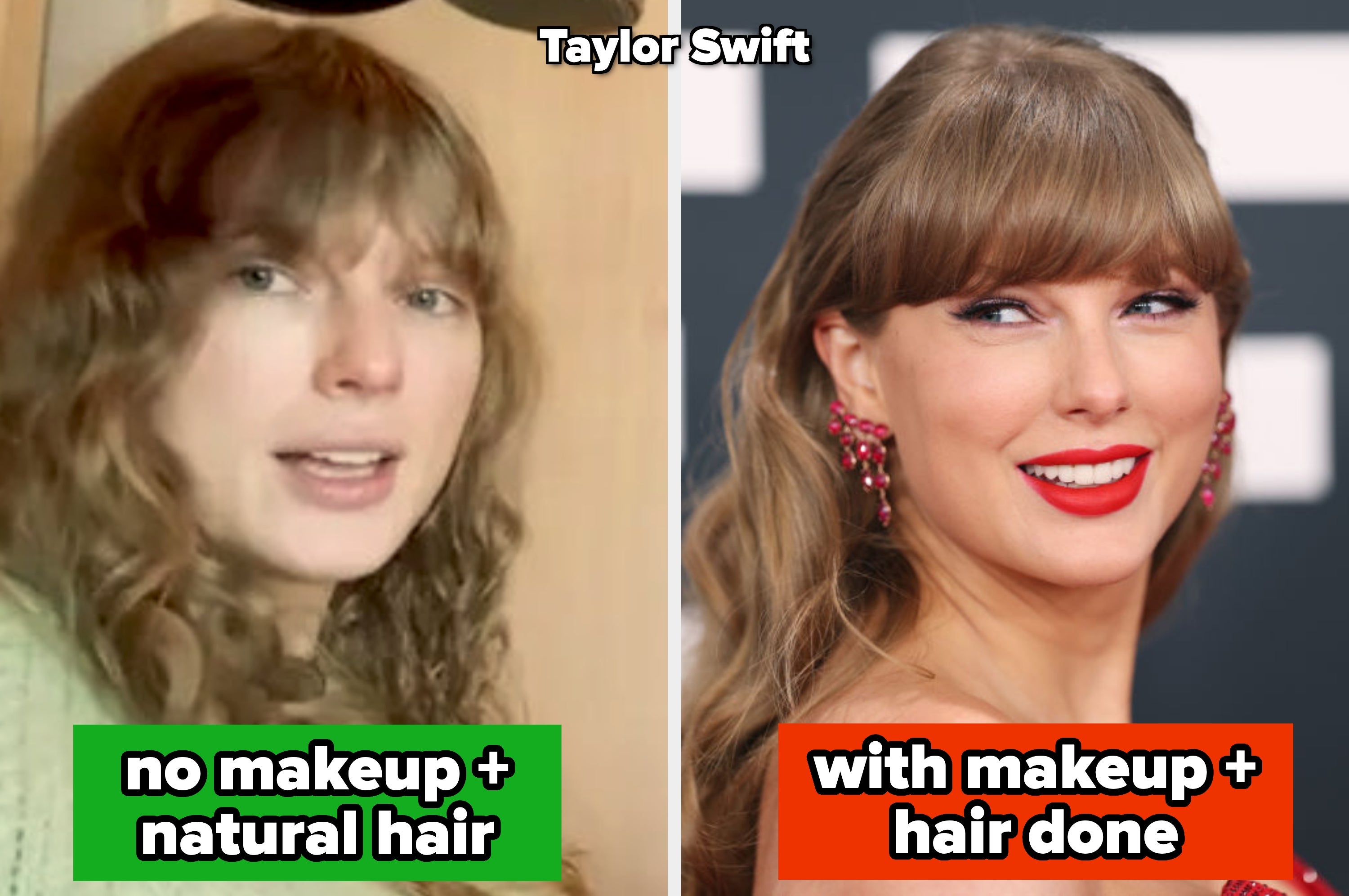 Two people show their natural hair: one touches her hair, smiling; the other stands wearing a black top, with long, thick hair