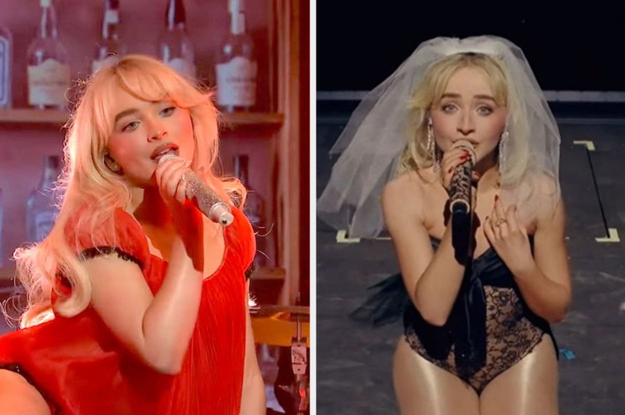 Two images of a performer: one singing in a red fringe dress, the other in a black lace bodysuit with a veil