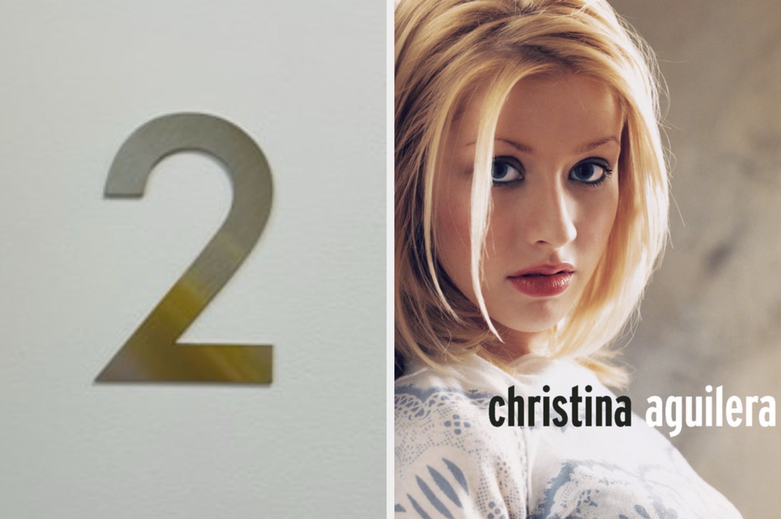 Left: Metal number "2" on a wall. Right: Person with a bob hairstyle, wearing a light-patterned top beside the text "christina aguilera"