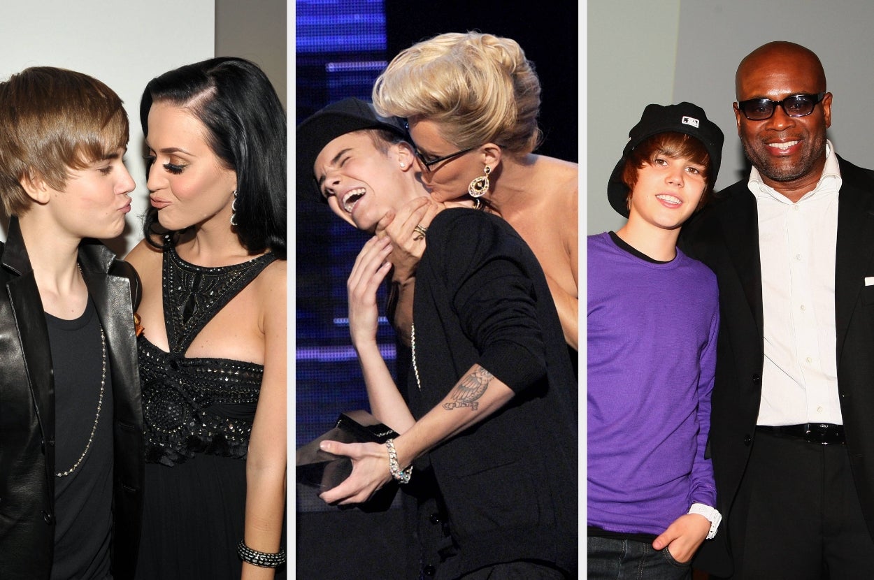 Celebrities posing and interacting with a young male celebrity on various occasions. The settings include an award show and casual events