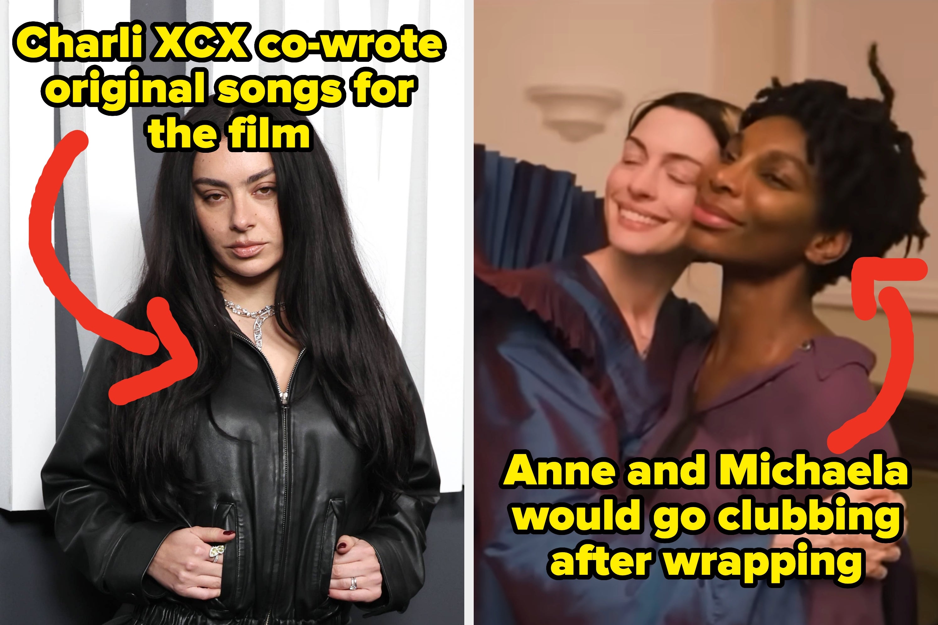 Two images: Left, a person in a leather jacket on a press backdrop. Right, two individuals smiling and embracing in a warm, indoor setting