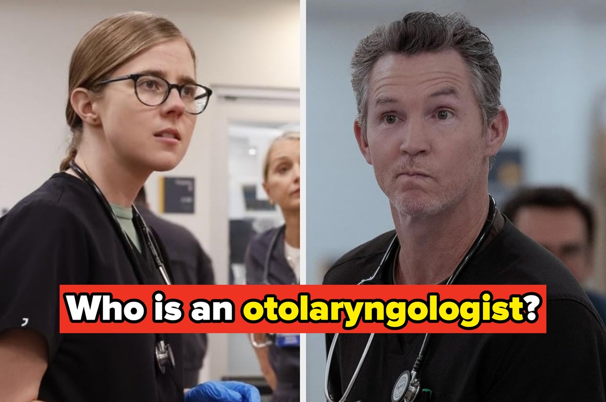 Two healthcare professionals in scrubs with stethoscopes. Text asks, "Who are otolaryngologists?"