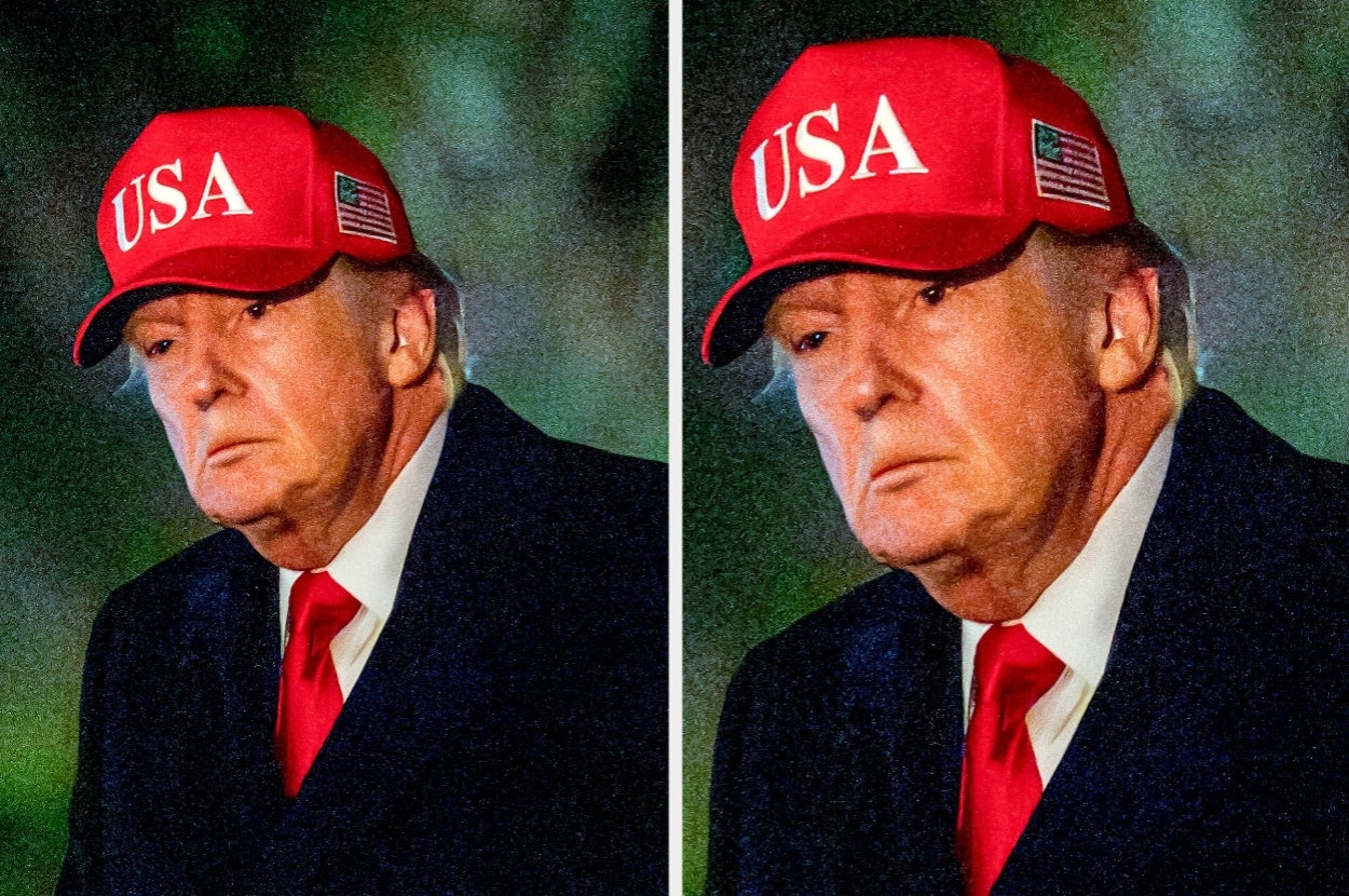 A person wearing a "USA" cap, a dark coat, and a red tie is captured in a serious expression, shown in two side-by-side images