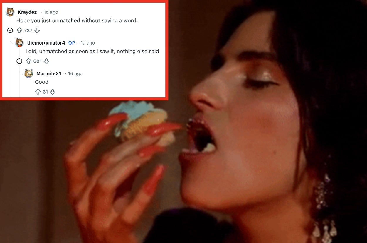 A person with long nails bites a cupcake. Overlaying text shows a Reddit exchange about unmatching on an app
