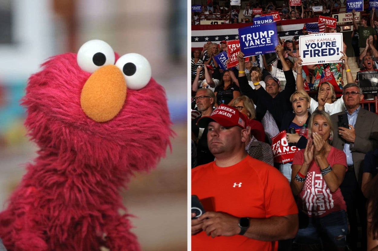 Elmo stands on the left; a lively political rally with attendees holding signs on the right
