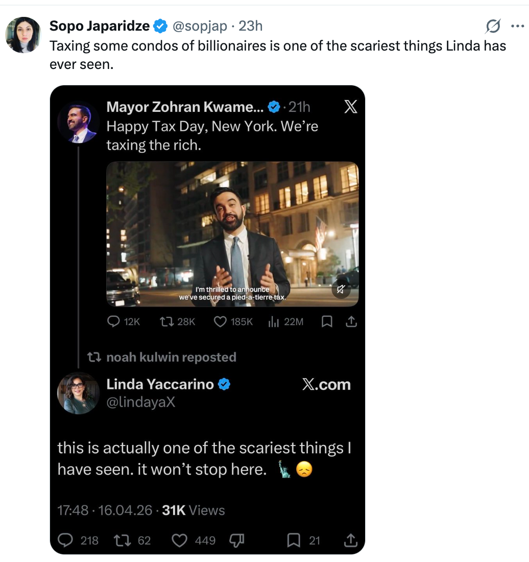 Tweet discussing taxation of billionaires, highlighting a retweet mentioning it's one of the scariest things seen