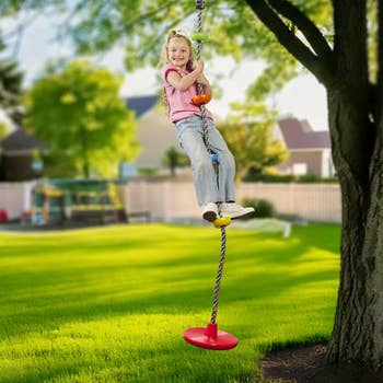 Child smiling on disc swing hanging from a tree in a sunny backyard