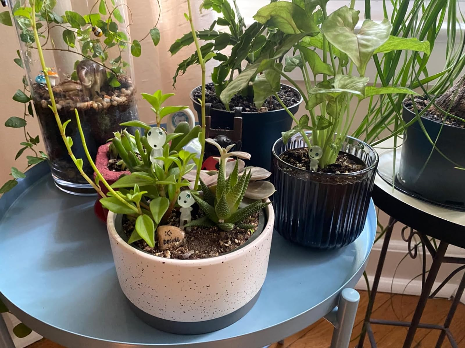 two of the glass kodama figurines next to plants