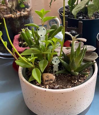 two of the glass kodama figurines next to plants