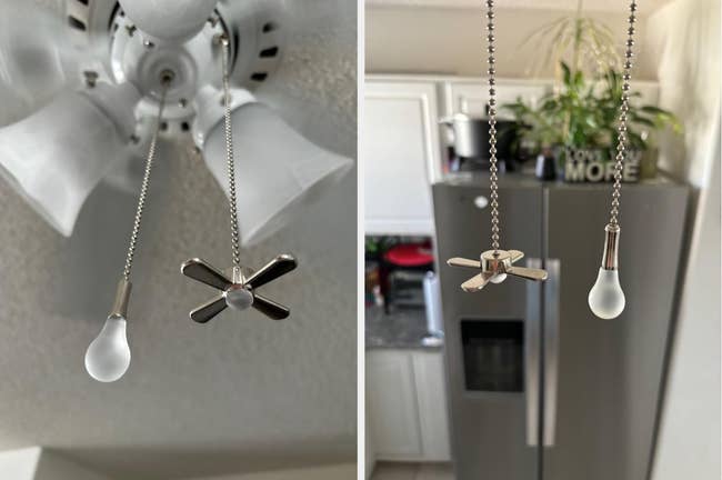 Ceiling fan and light pull chains: one with a bulb-shaped end and the other with a fan-shaped end, hanging in a kitchen space