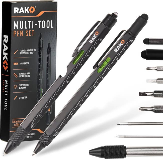 Multi-tool pen set with screwdriver bits, stylus tips, and LED light. Includes ruler and bubble level. Box and tools shown in close-up