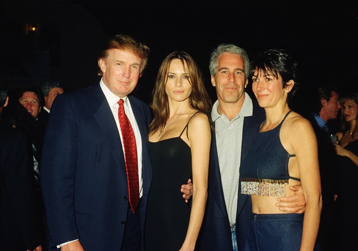 President Donald Trump and his girlfriend (and future wife) Melania Knauss pictured alongside future convicted sex offender Jeffrey Epstein and British socialite Ghislaine Maxwell at Trump's Mar-a-Lago club in Palm Beach, Florida, in February 2000.