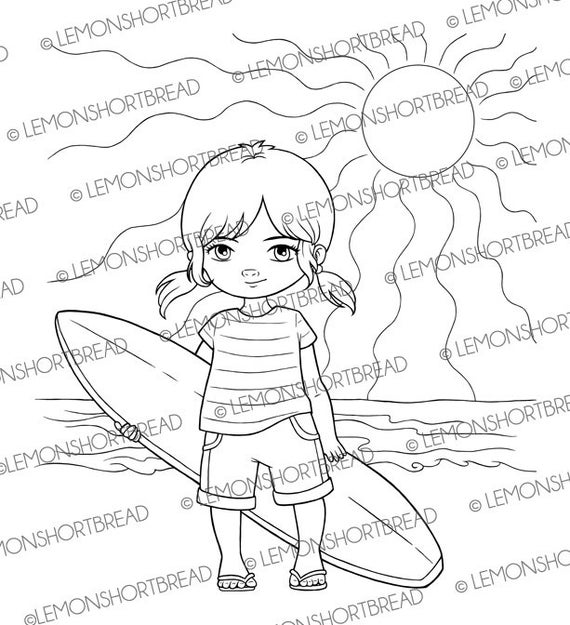 Digital Stamp Surfer Girl, Digi Beach Summer Sports, Surfing Children's, Clip Art, Coloring Page, Scrapbooking Supplies, Instant download