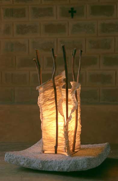 Spider “Spider” Banana fibre paper, hand cut granite, twigs, 15”