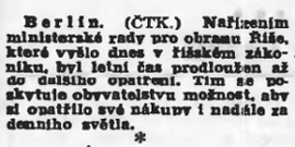 Oznámení o prodloužení letního času v roce 1940 (Národní politika 4. října 1940)