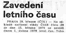 Oznámení o zavedení letního času v roce 1979 (Rudé právo 30. březen 1979)