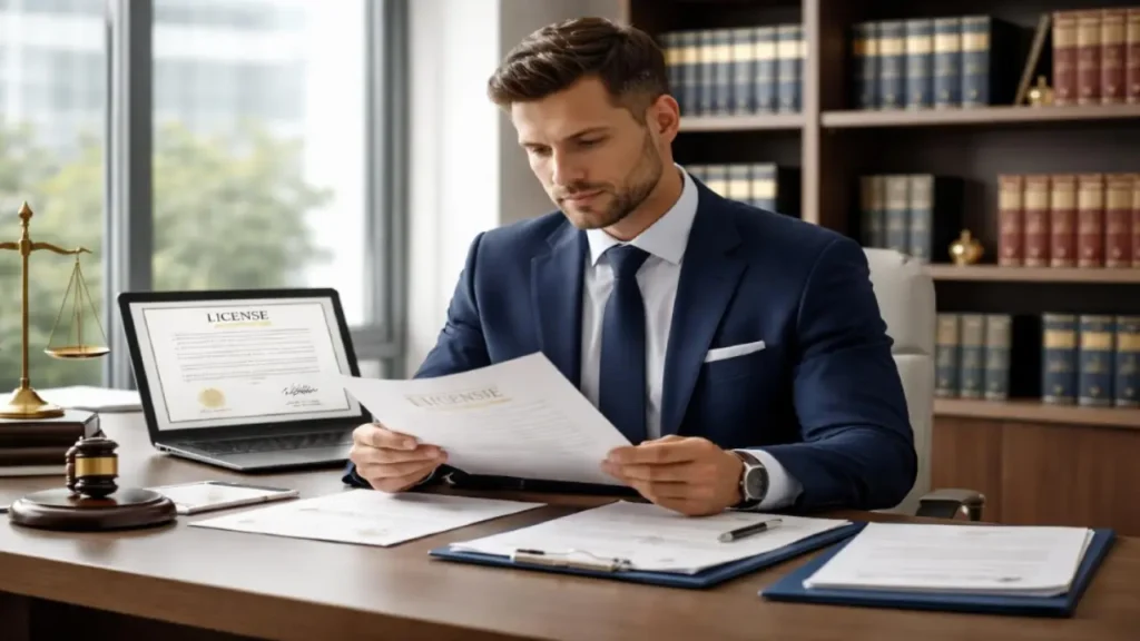 How to Choose a Trustworthy Online Gambling Site A man in a suit sits at a desk in an office, examining official license documents, with a laptop displaying a certificate and legal books in the background.