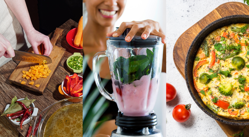 Image of a cook chopping vegetables, a woman making a smoothie, and a frittata cooling on the counter.