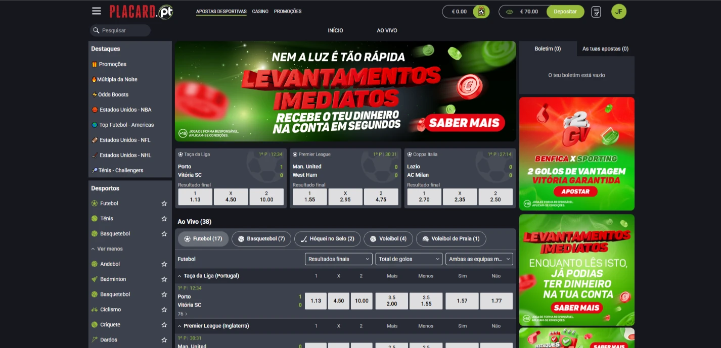 Página de apostas do Placard.pt