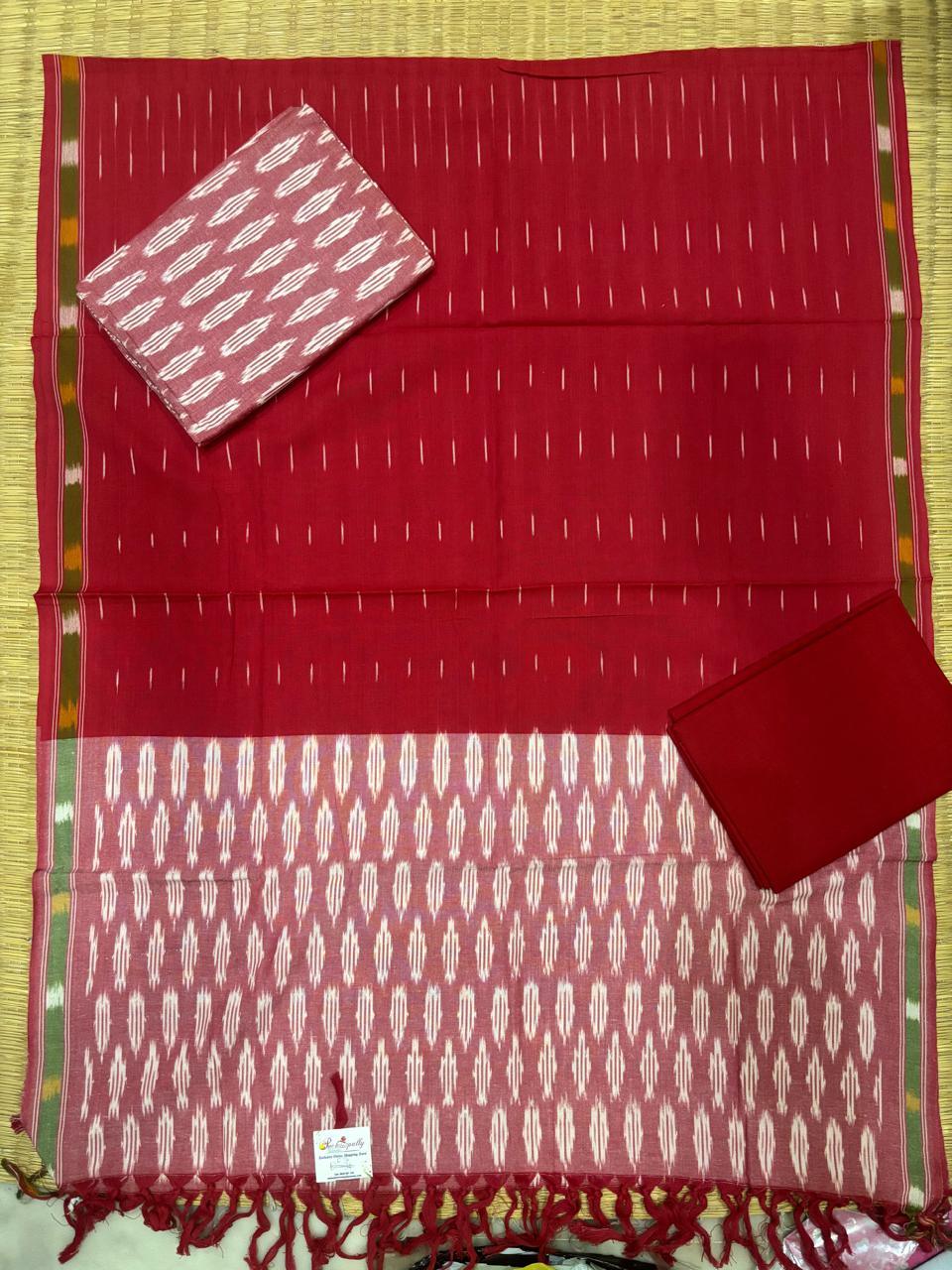 Ikkat Dress Material Red White - pochampallysarees.com