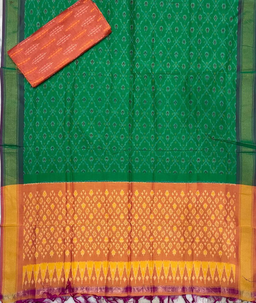 Ikkat Sico Suite Green Yellow Color - pochampallysarees.com
