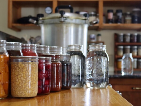 Pressure Canning ~ A display of foods that need to be pressure canned, along with a pressure canner.