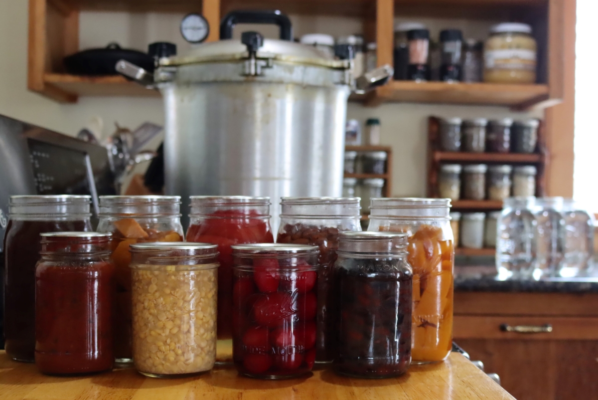 A selection of pressure canned food. Back Row (left to right): Beef Broth, Pumpkin, Tomatoes, Pinto Beans, Sweet Potato. Front Row: Pasta Sauce, Corn, Beets, Black Beans.